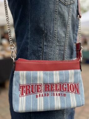 NWT True Religion Denim & Red Leather Crossbody Bag – Brand New!